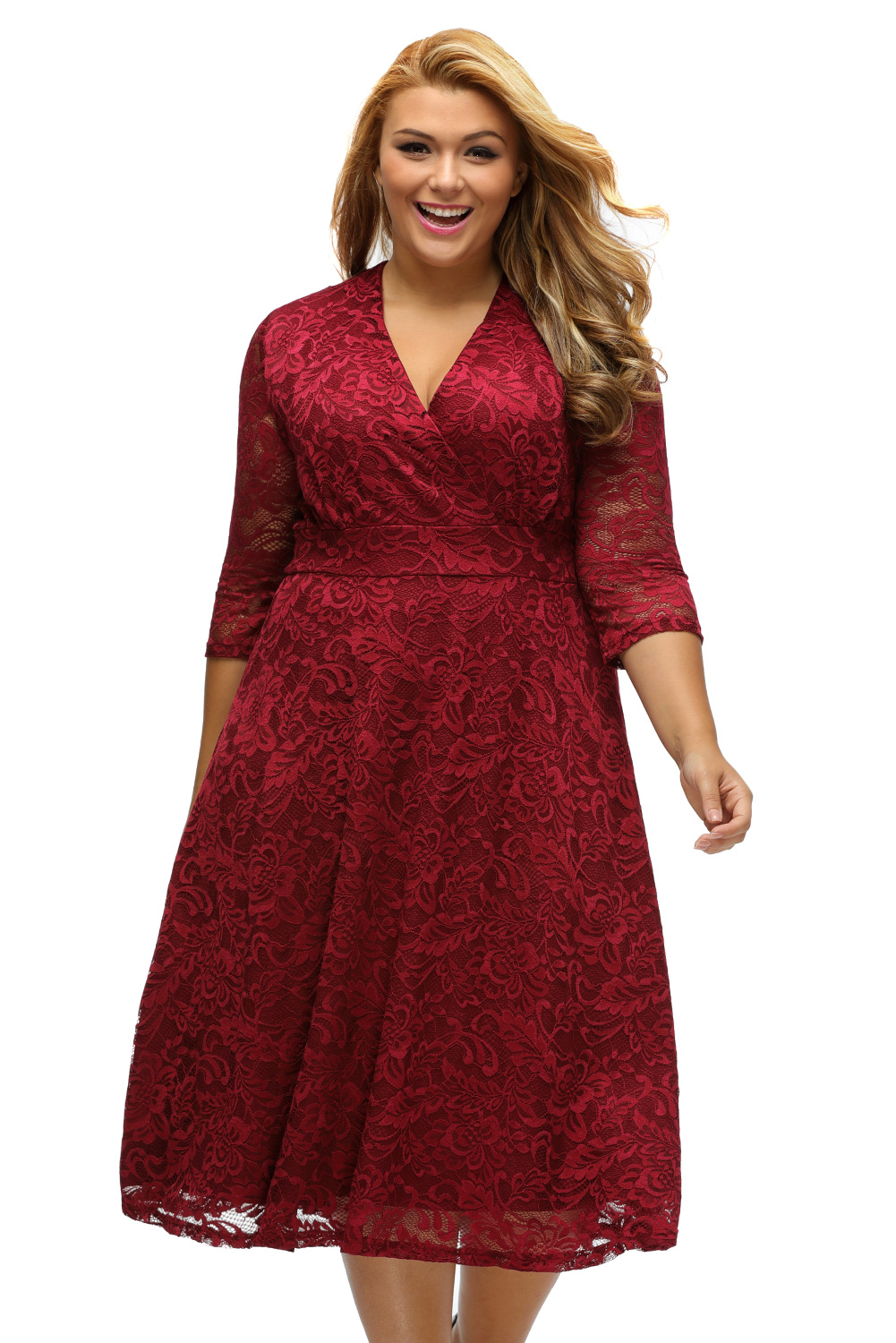 BY61442-3 Burgundy Plus Size Surplice Lace Formal Skater Dress